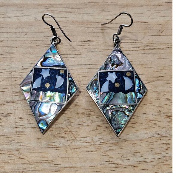 Vintage Alpaca Silver & Abalone Celestial Dangle Earrings with Moon and Stars - Picture 1 of 6